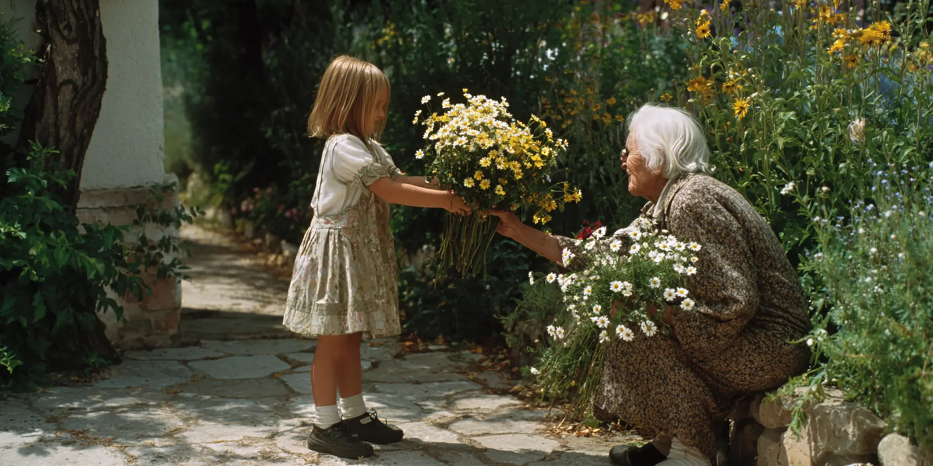 Generations growing together — a child and elderly person sharing flowers